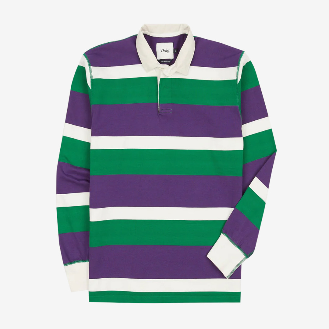 Drake&#039;s - Purple, Green and White Stripe Cotton Rugby Shirt