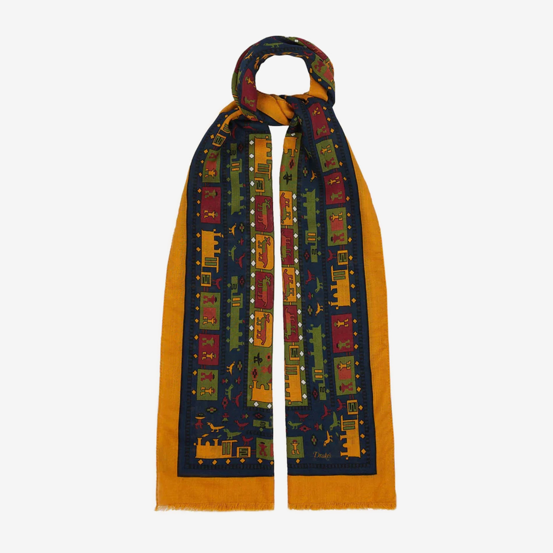 Drake&#039;s - Navy and Yellow Navajo Print Wool-Silk Scarf