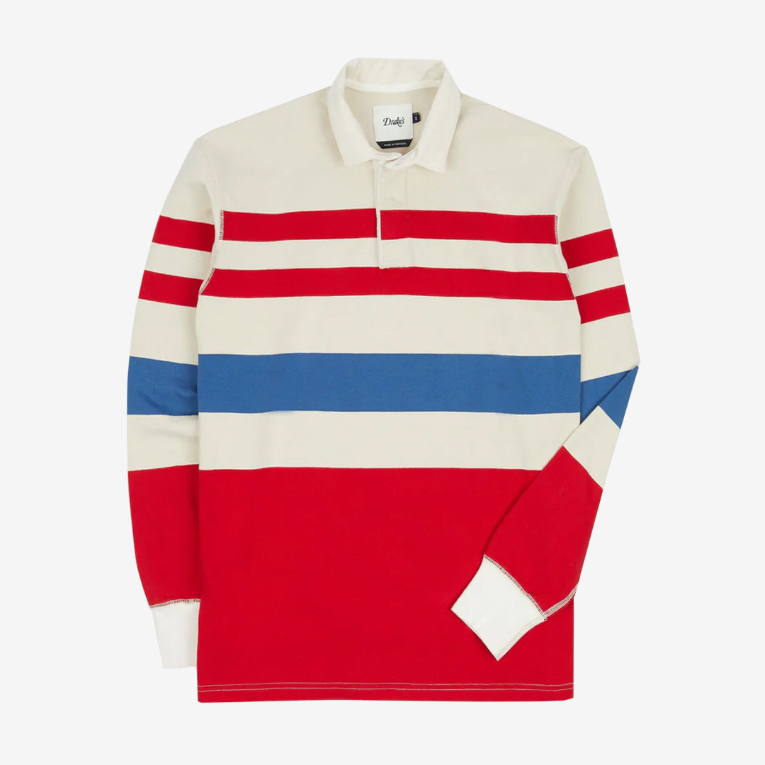 Drake&#039;s - Cream, Red and Blue Stripe Cotton Rugby Shirt