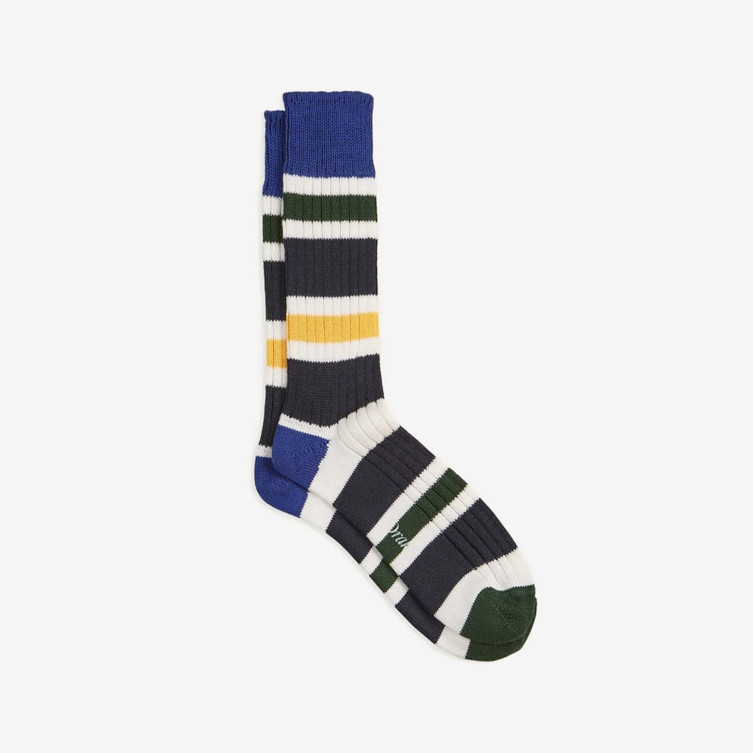 Drake&#039;s - Blue and Yellow Cotton Striped Sports Socks