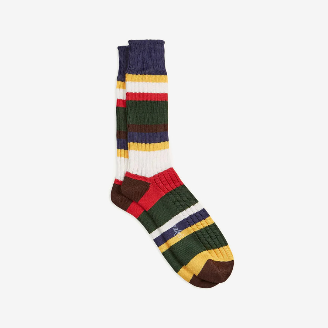 Drake&#039;s - Navy and Green Cotton Striped Sports Socks