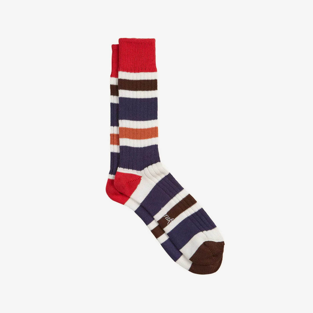 Drake&#039;s - Red and Navy Cotton Striped Sports Socks