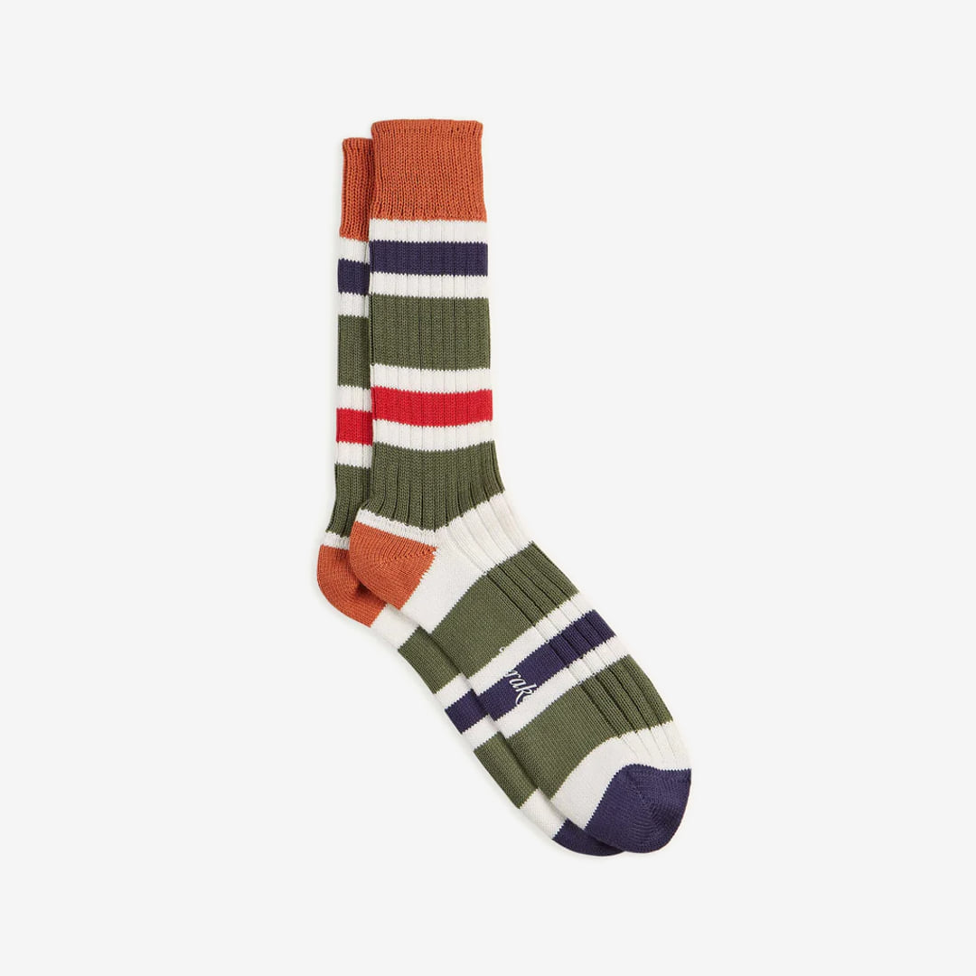 Drake&#039;s - Orange and Green Cotton Striped Sports Socks