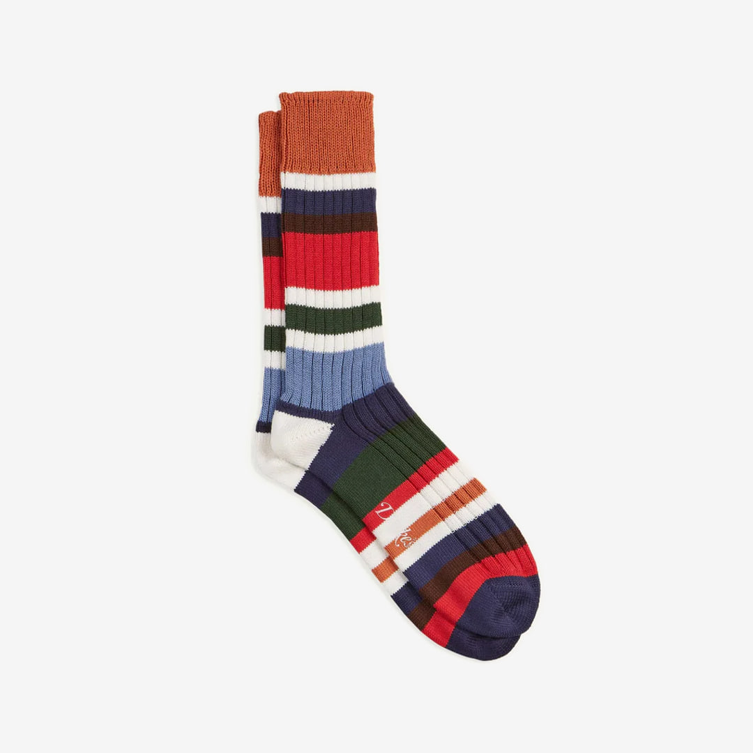 Drake&#039;s - Orange and Red Cotton Striped Sports Socks