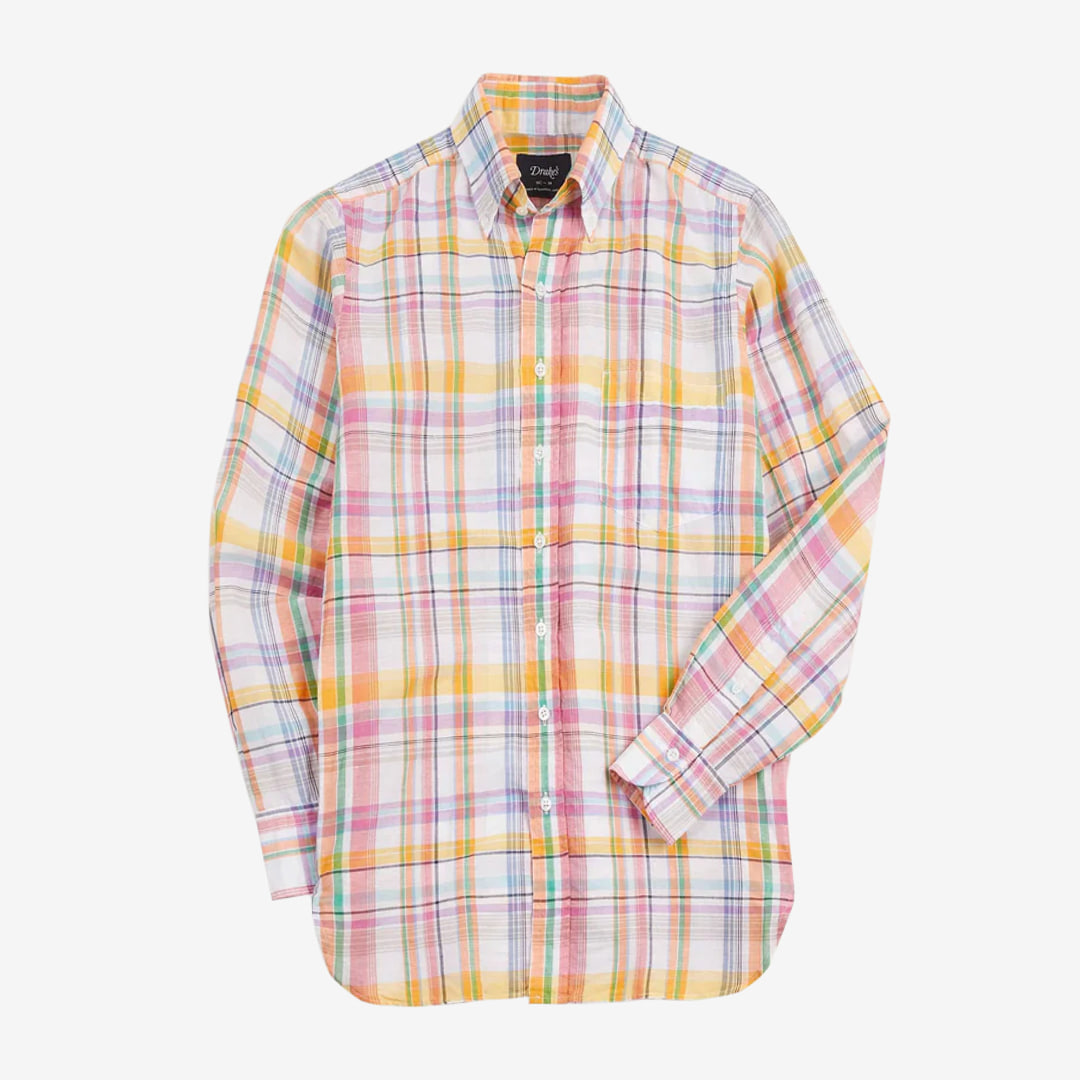 Drake&#039;s - Pink Check Cotton Linen Button-Down Shirt