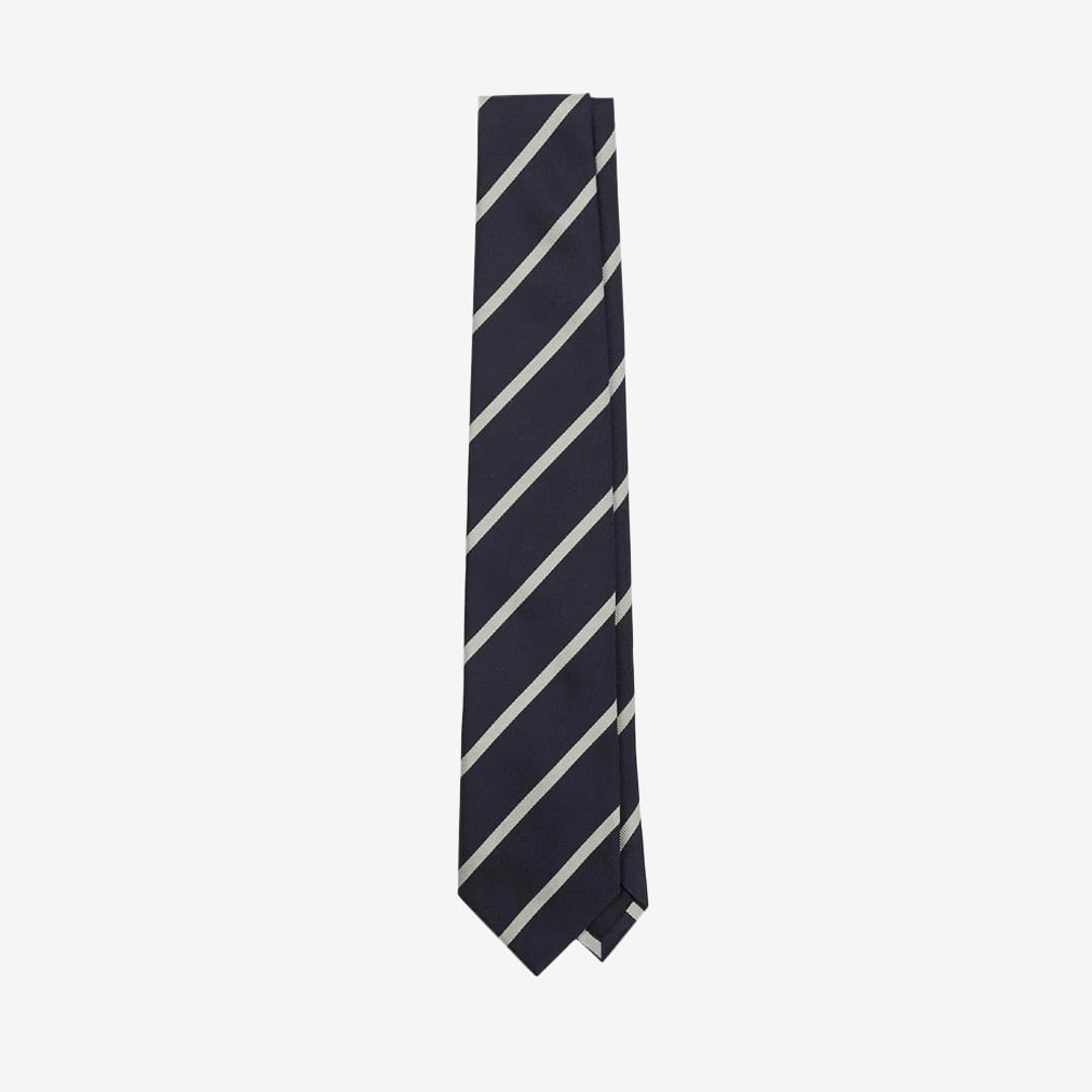 Drake&#039;s - Navy and Ecru Stripe Repp Silk Tie