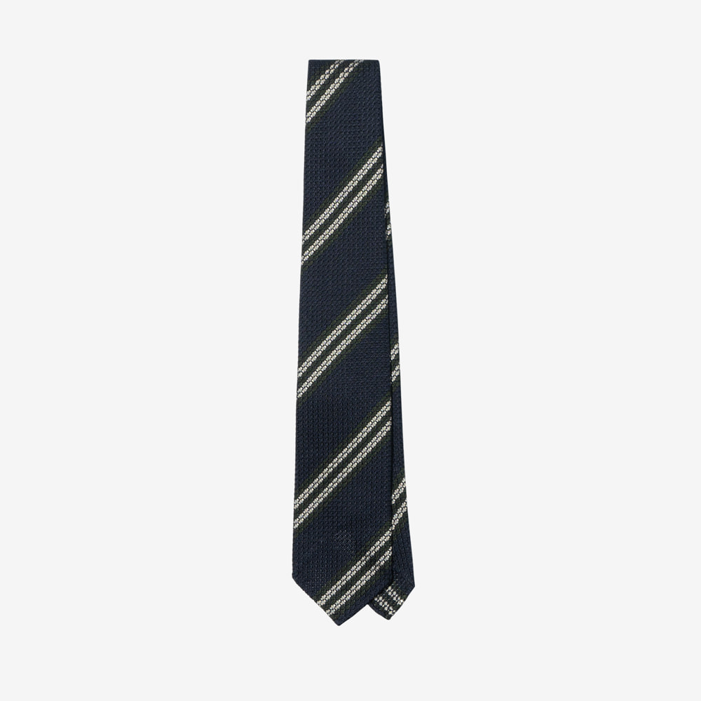 Drake&#039;s - Navy, Green and White Double Stripe Silk Grenadine Tie