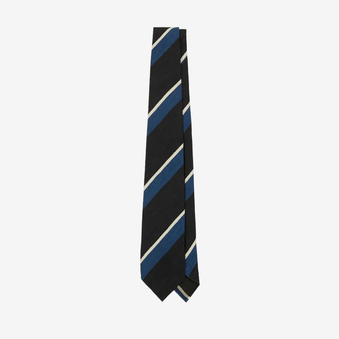 Drake&#039;s - Black, Blue and White Stripe Shantung Silk Tie