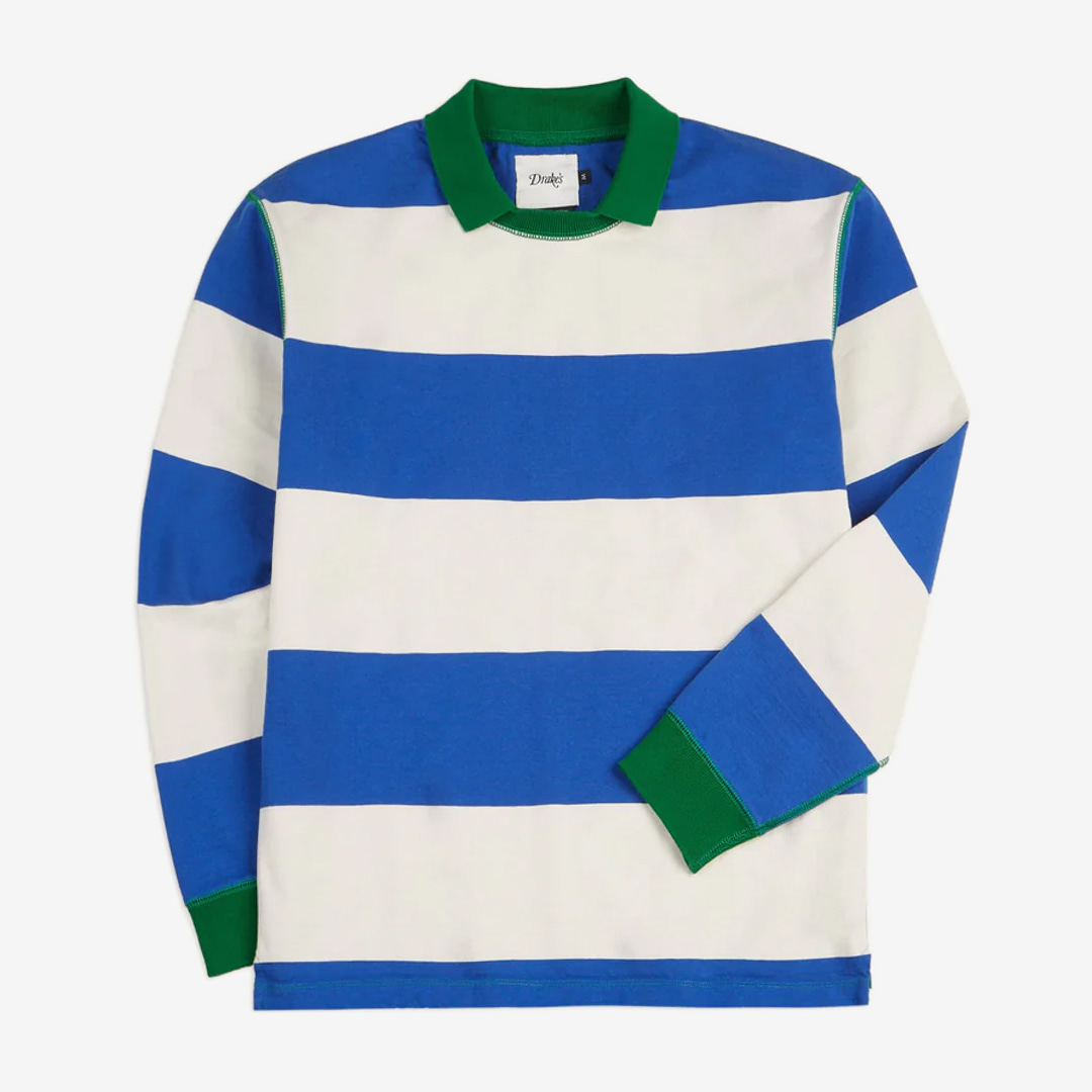 Drake&#039;s - Blue and White Wide Stripe Mock Collar Long-Sleeve Jersey
