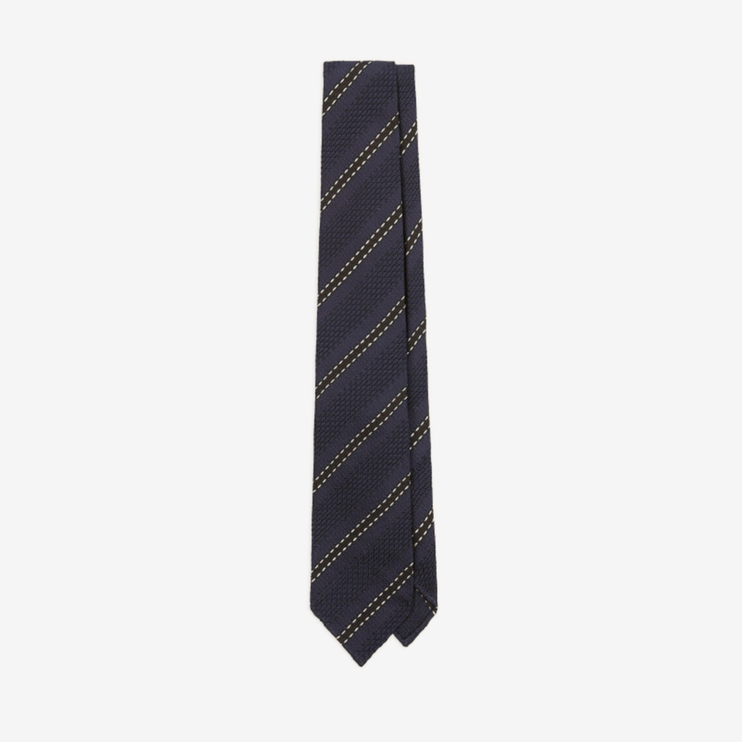 Drake&#039;s - Navy, Silver Dashed Double Stripe Large Knot Grenadine Tie