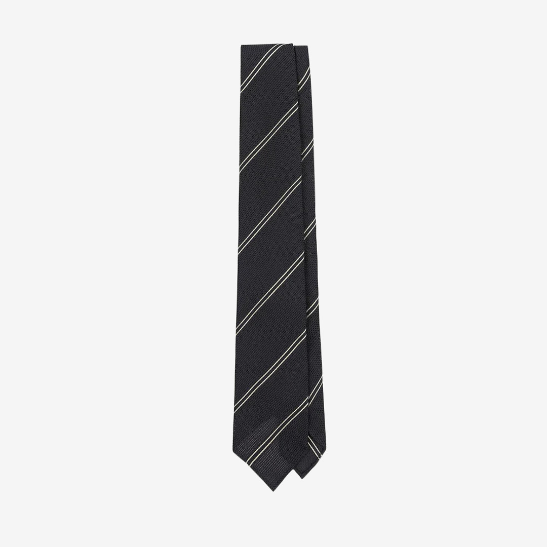 Drake&#039;s - Navy and Silver Sandwich Stripe Hand Rolled Silk Grenadine Tie