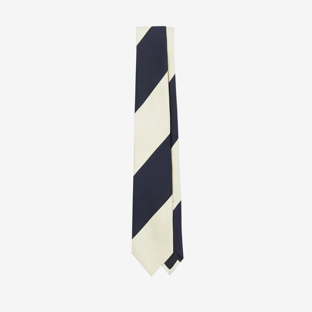 Drake&#039;s - Navy and White Dual Block Stripe Mogador Tipped Tie