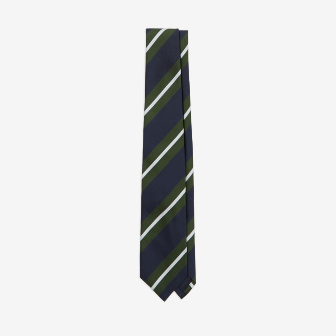Drake&#039;s - Navy, White and Green Regimental Stripe Mogador Woven Tie