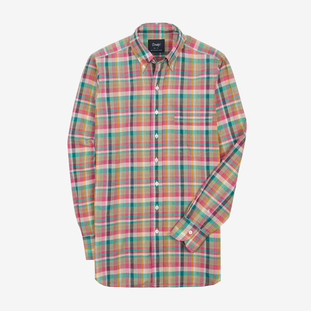 Drake&#039;s - Pink and Green Madras Check Cotton Button-Down Shirt