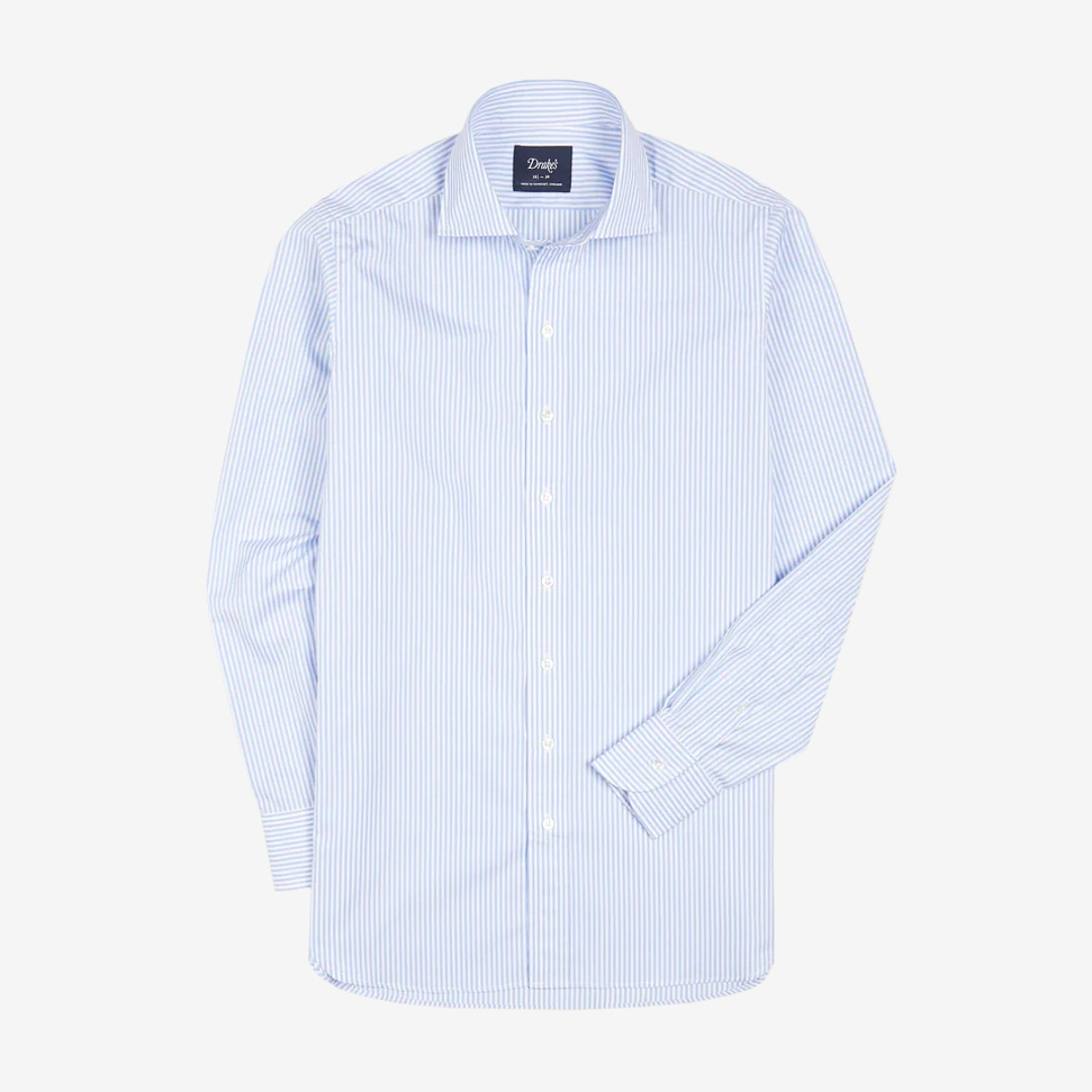Drake&#039;s - Sky Blue and White Bengal Stripe Spread Collar Cotton Poplin Shirt