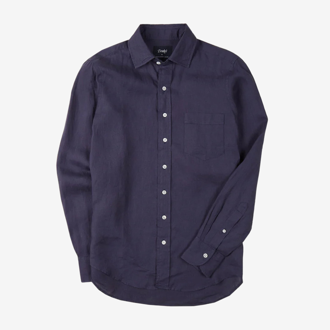 Drake&#039;s - Washed Navy Linen Spread Collar Shirt