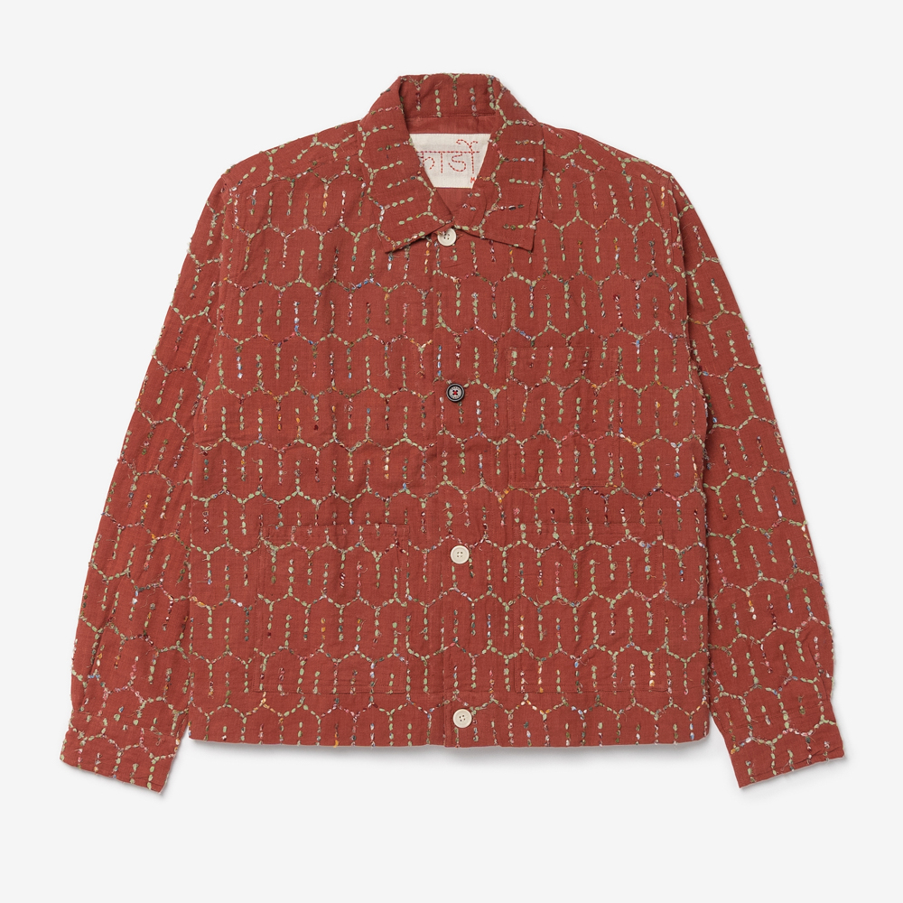 Kardo - BODHI Boxy Fit Button Up Jacket with Patch Pockets (Upcycled Embroidery Khadi Red)